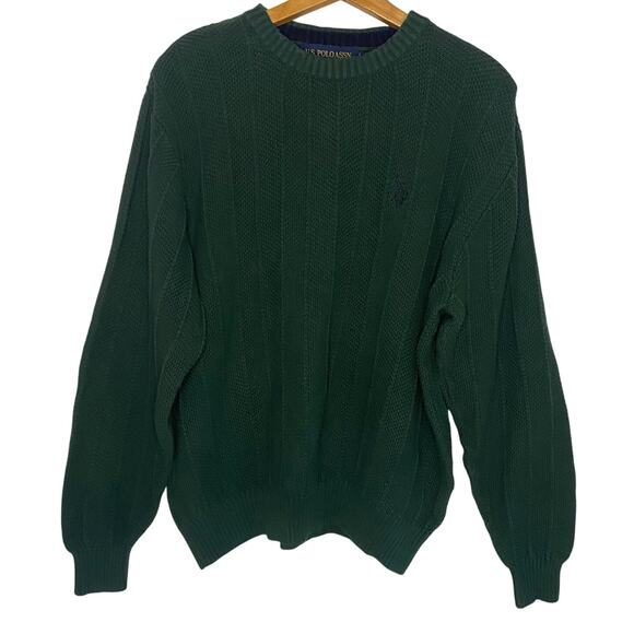 Mens US Polo Assn Green Thick Cable Knit Pullover Sweater Preppy Crew Neck Large - Picture 1 of 13